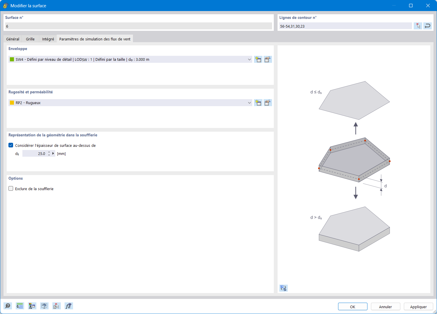 Onglet Paramètres spécifiques de simulation des flux de vent dans la boîte de dialogue Modifier la surface
