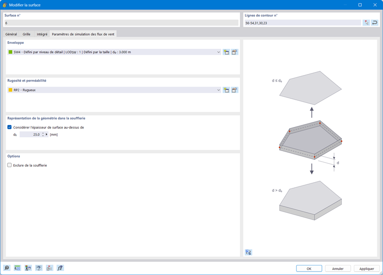 Onglet Paramètres spécifiques de simulation des flux de vent dans la boîte de dialogue Modifier la surface