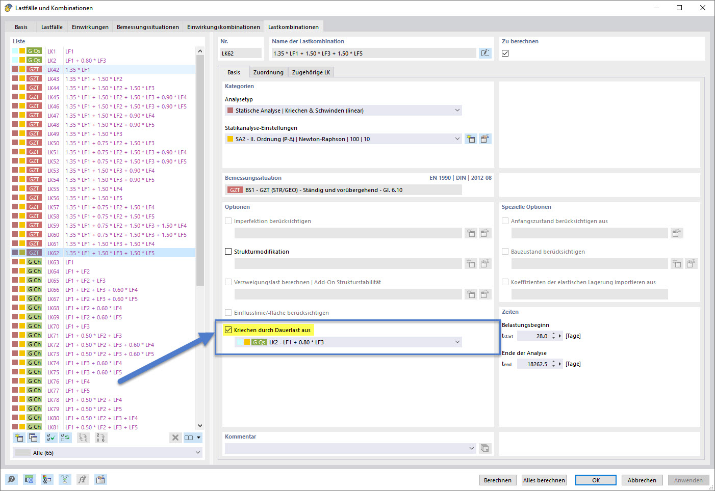 Option de fluage linéaire : « Désactiver le fluage sous charge continue »