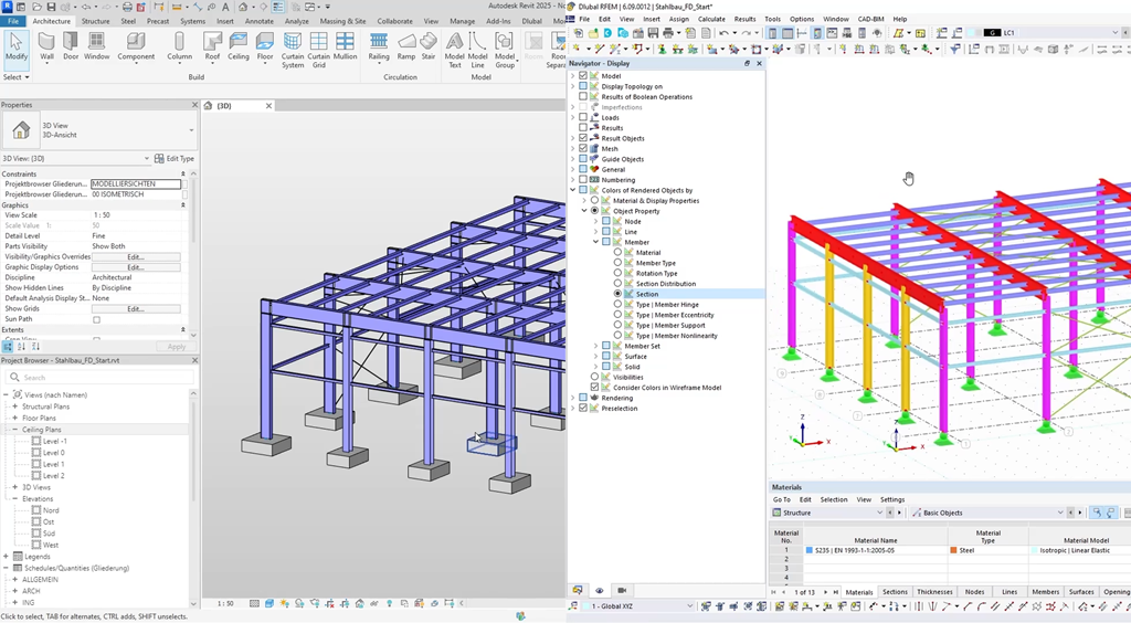 Illustration du processus d'échange de données entre Revit et RFEM 6 à l’aide de fonctionnalités intégrées.