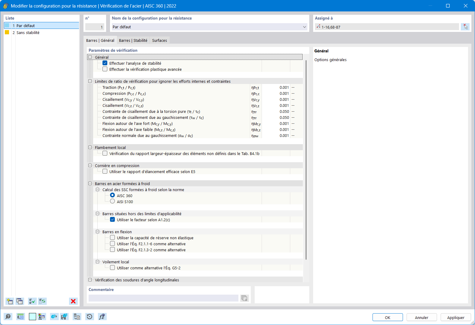 Boite de dialogue « Modifier la configuration pour la résistance » pour la vérification de l’acier selon l’AISC 360