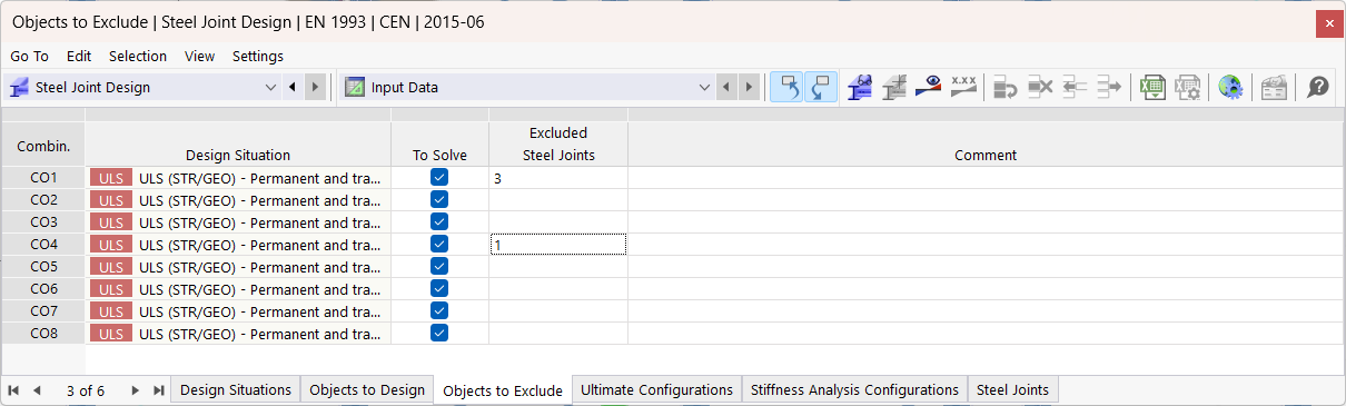 Tableau « Objets à exclure » pour la vérification de l’acier