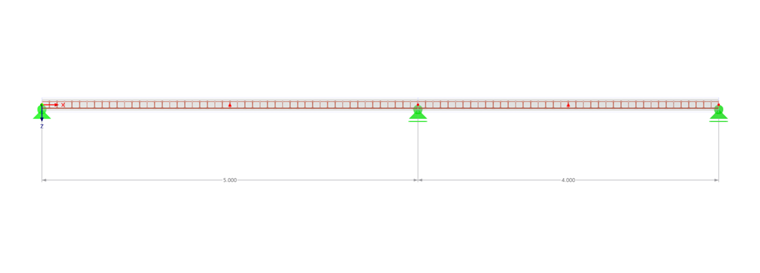 Système structurel avec une poutre à deux travées, portée de la travée 1 : 5 m, travée 2 : 4 m.