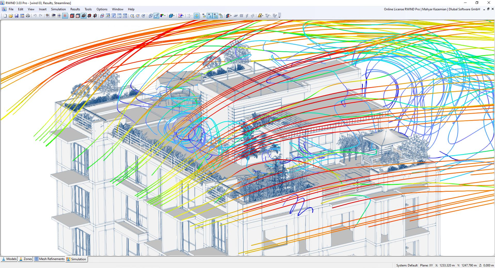 Visualisation des lignes de flux du vent sur les structures de toiture dans RWIND
