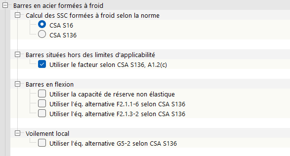 Vérification des profilés formés à froid selon la CSA S16 ou CSA S136
