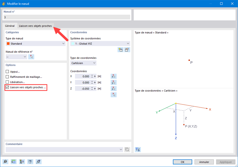 La case de la fonction de liaison avec les objets proches est sélectionnée lors de la modification du nœud.