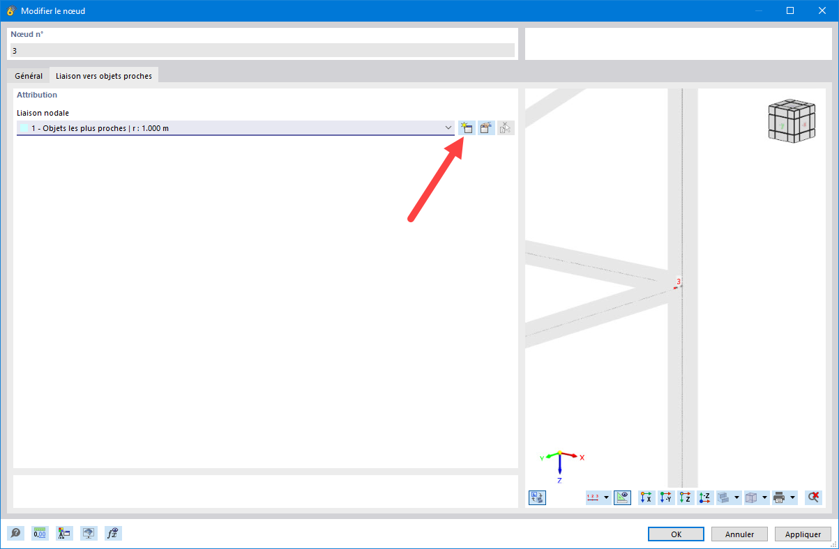 Création d’une liaison nodale : processus étape par étape avec indication visuelle dans la fenêtre de modification.