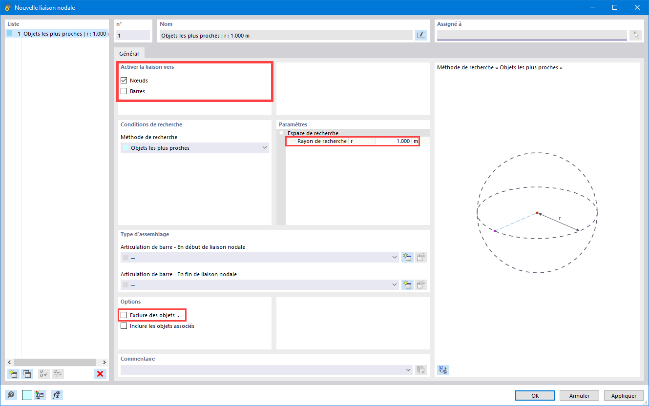 Définir la liaison nodale avec options de modification et d’ajustement dans un modèle de structure.