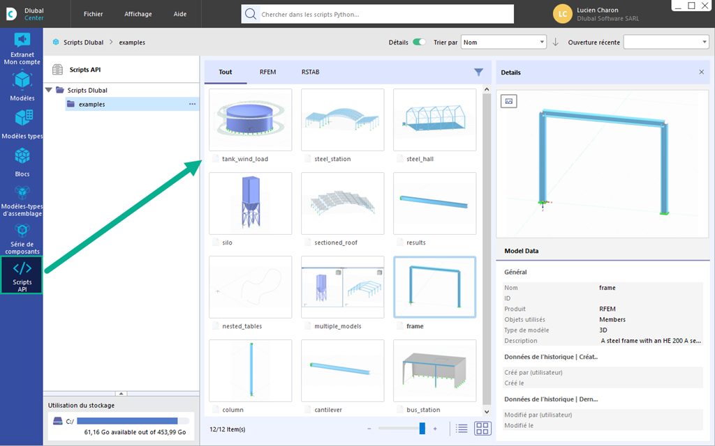 Vue détaillée d’un chapitre du Dlubal Center avec des exemples de script API