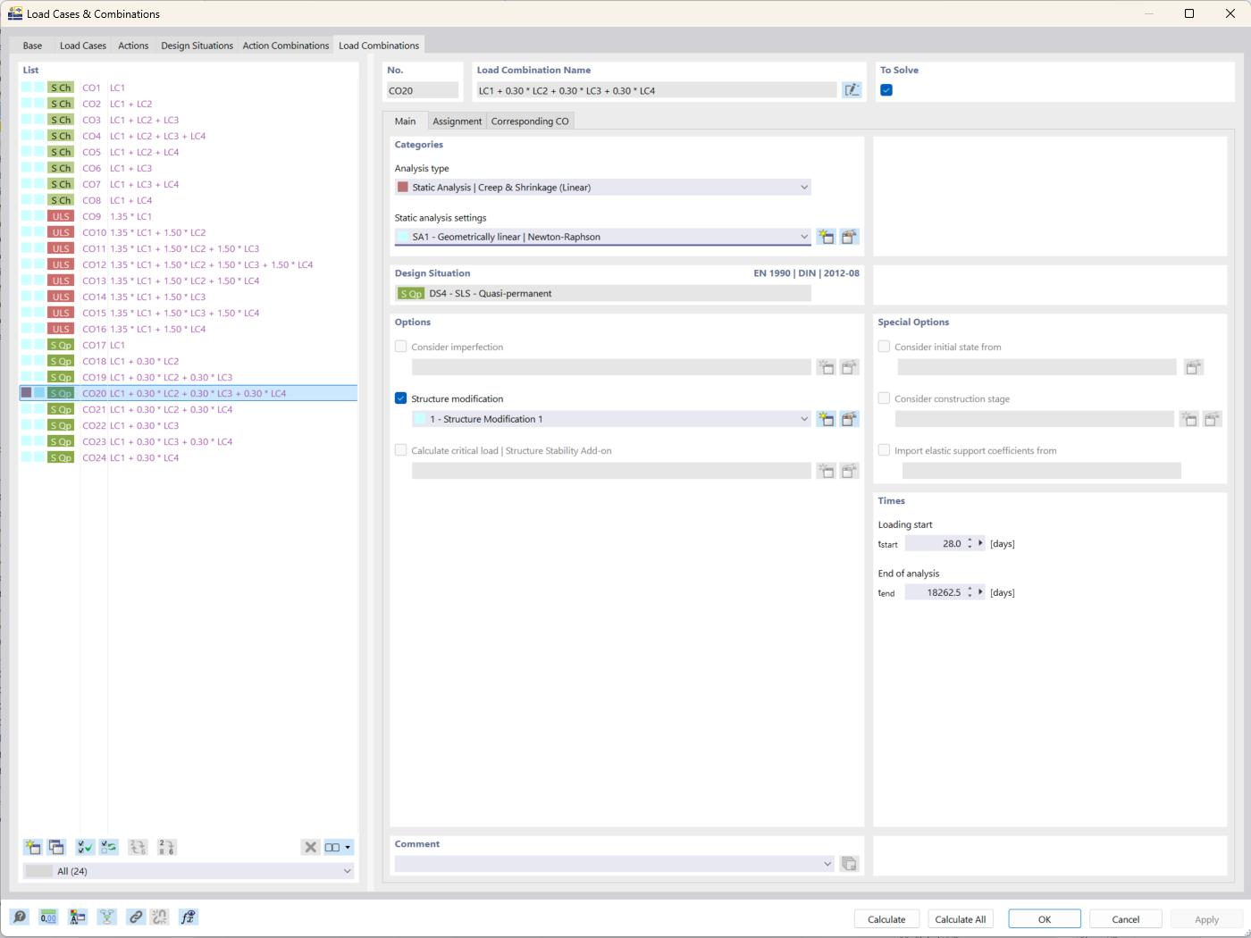 Capture d’écran montrant les options de configuration du type d’analyse Fluage & Retrait dans RFEM 6 pour le calcul de structure.