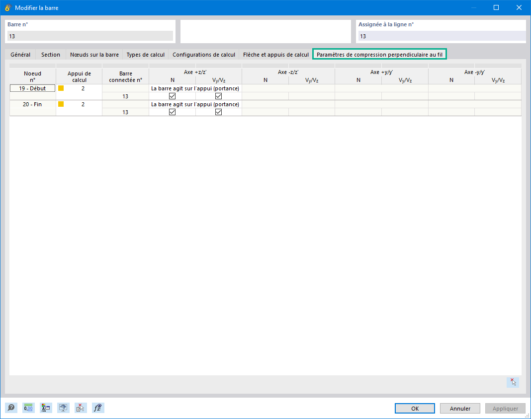 Paramètres pour les charges en compression orthogonales à la direction des fibres des barres. Options pour inclure les efforts internes.