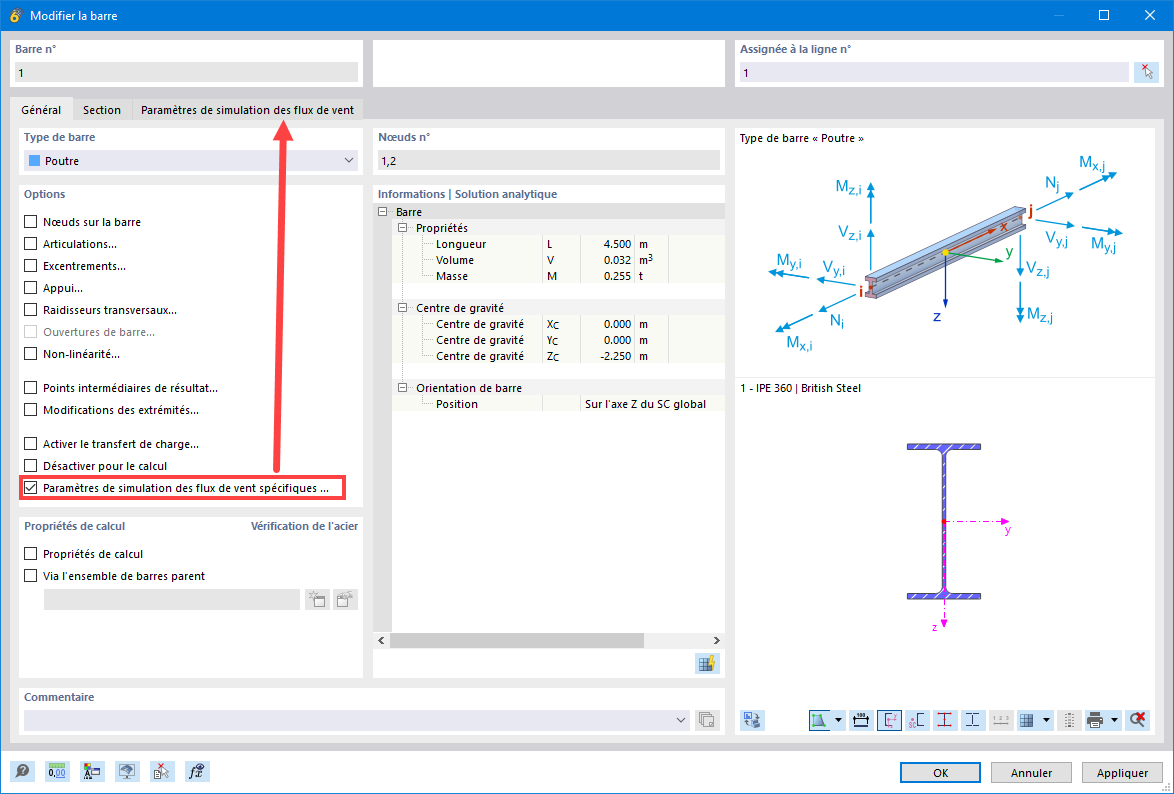 Activer des paramètres spécifiques à la simulation des flux de vent
