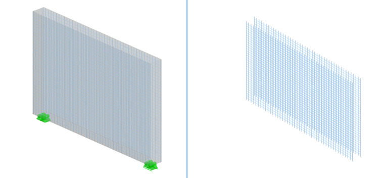 Barres d’armature verticales et horizontales dans une structure de voiles, représentées dans une visualisation technique.