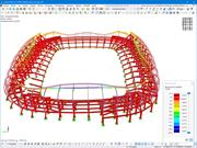 Simulation des déformations globales d’une structure de stade de football avec RFEM. L’image montre une analyse détaillée de la façon dont les forces agissent sur le modèle de la structure.