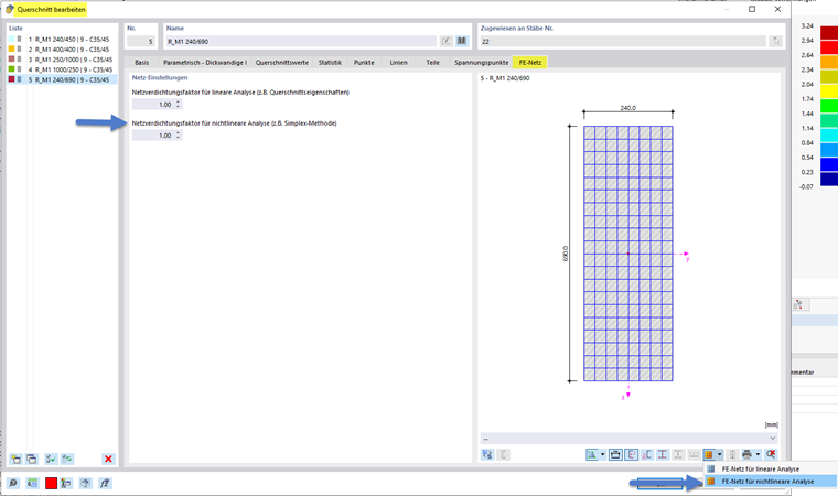 Représentation graphique du maillage EF et de la finesse du maillage dans la boîte de dialogue de la section pour les analyses non linéaires.