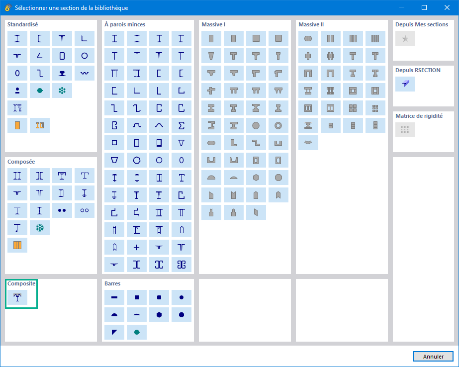 Poutre composite dans la bibliothèque de sections de RFEM et RSTAB avec section en I et dalle en béton.