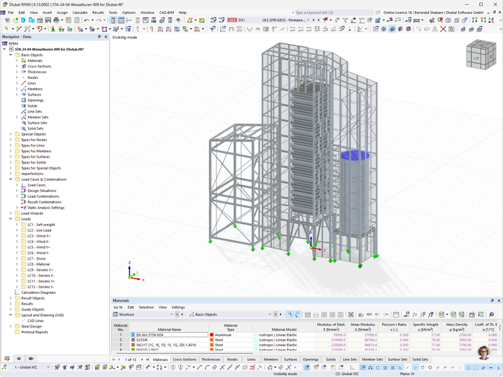 Modèle RFEM d’une tour de séchage en acier. Visualisation de la structure. © GMBS Design Kft.