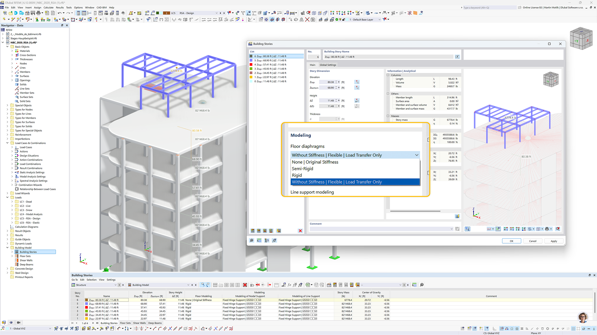 Illustration montrant différents types de diaphragmes de plancher, rigide, semi-rigide, flexible, assignés indépendamment à chaque étage.