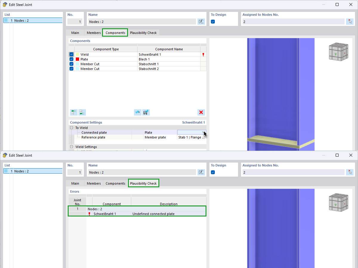Contrôle de plausibilité des assemblages acier dans RFEM 6 : plaque connectée non définie en cas de séquence incorrecte des composants
