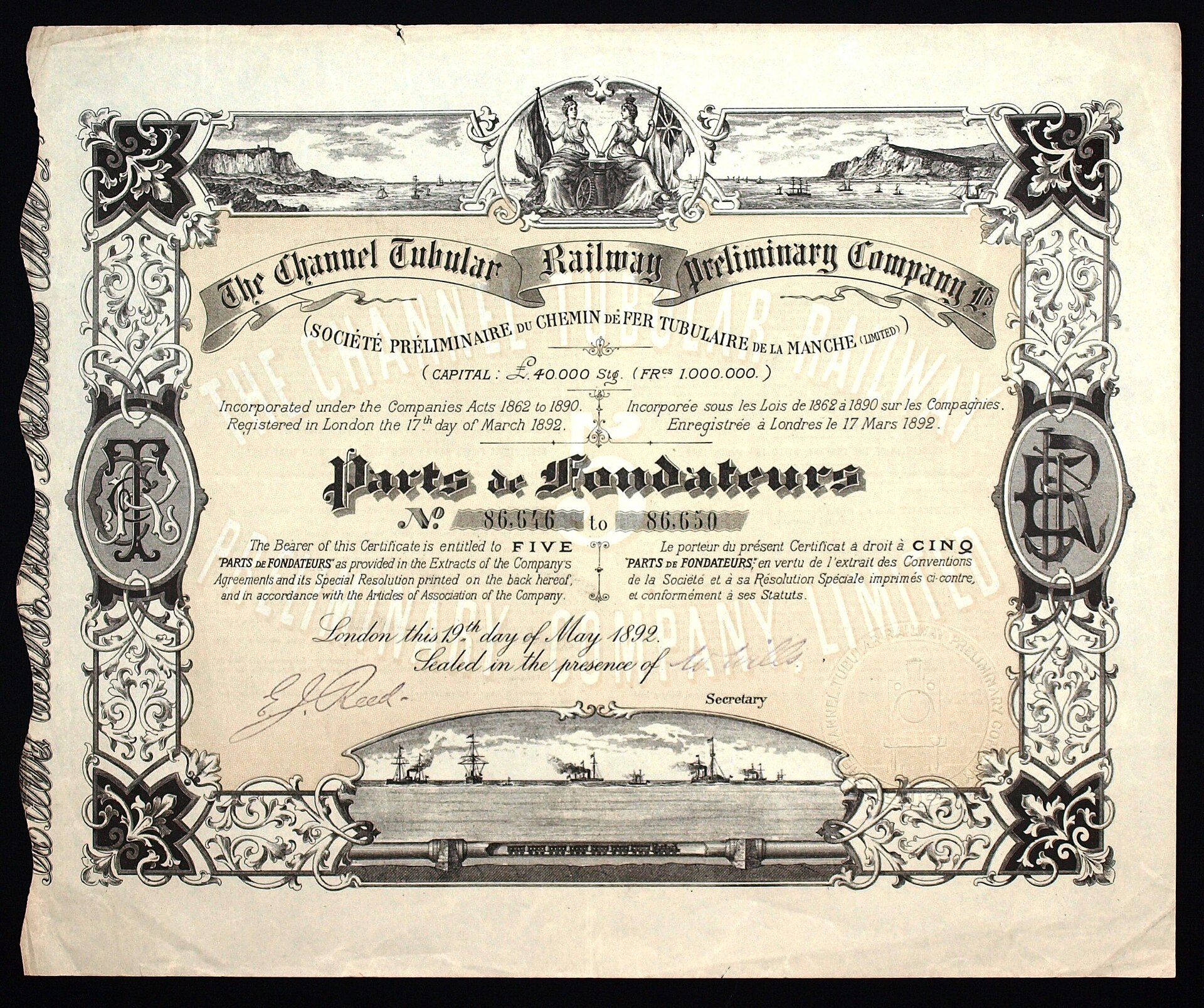 Acte fondateur de la Channel Tubular Railway Preliminary Company du 19 mai 1892, signé par Edward James Reed