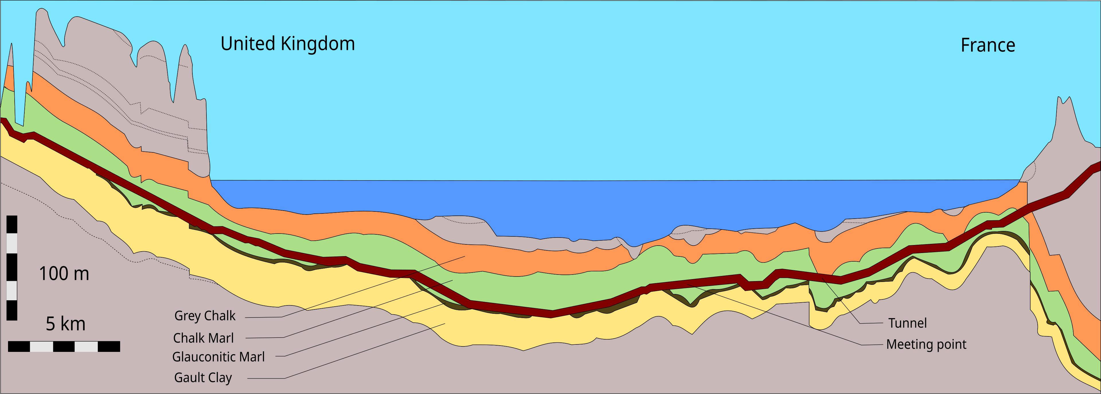 La coupe géologique montre les différentes couches de roches sous la Manche. Des détails précis illustrent les formations géologiques.