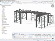 Structure en acier créée comme modèle RFEM pour le confinement d’un champ expérimental. Calcul des charges statiques affiché.
