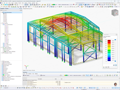 Entrepôt industriel à ossature acier pour atelier mécanique montrant les résultats de déformation dus à la charge de vent dans RFEM 6.