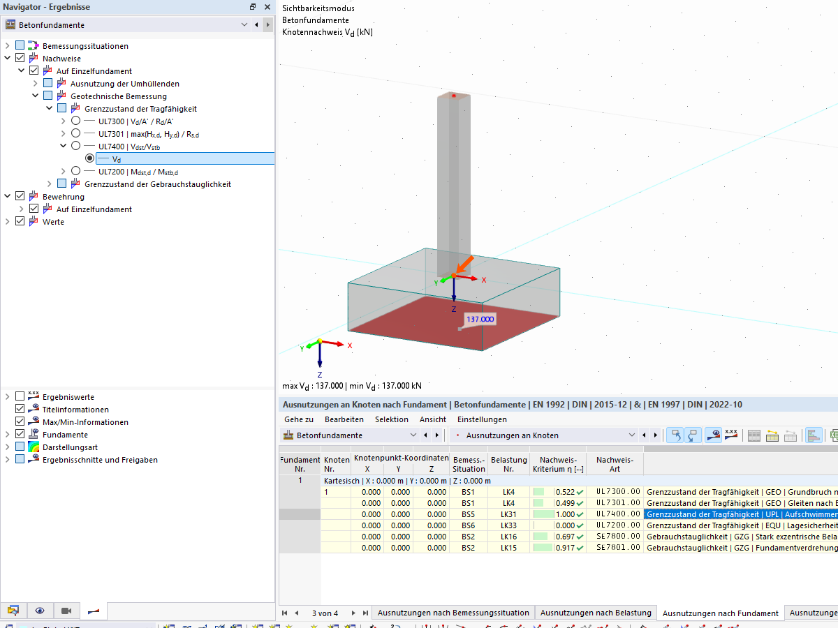Résultante verticale pour l’évaluation de la vérification de la stabilité au soulèvement sous une semelle isolée dans RFEM 6