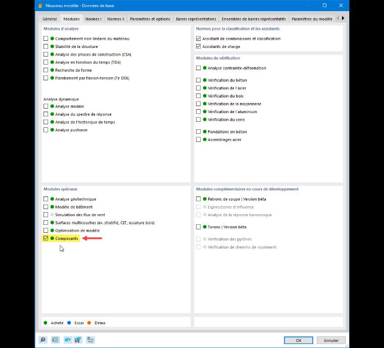 Le Module complémentaire Composants est installé simplement. Il nécessite une Licence supplémentaire, et il est activable dans les Données de base du modèle.