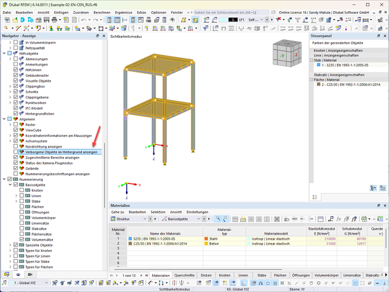 Interface de RFEM avec l’option désactivée pour les éléments cachés à l’arrière-plan
