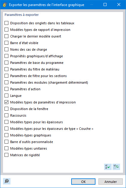 Boîte de dialogue avec options de modèles activées pour les paramètres d’impression de l’interface graphique.