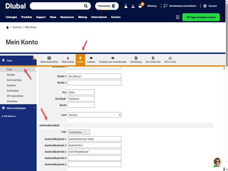 Écran de configuration pour l’ajustement du profil d’entreprise et de la mise en page dans le compte Dlubal (ici avec les coordonnées de Dlubal Software SARL)