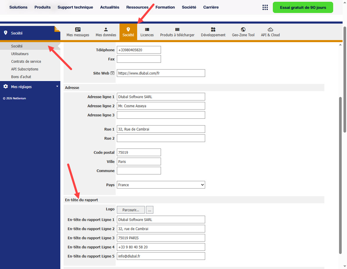 Écran de configuration pour l’ajustement du profil d’entreprise et de la mise en page dans le compte Dlubal (ici avec les coordonnées de Dlubal Software SARL)