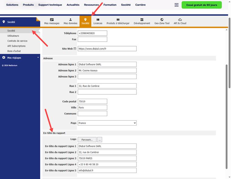 Écran de configuration pour l’ajustement du profil d’entreprise et de la mise en page dans le compte Dlubal (ici avec les coordonnées de Dlubal Software SARL)