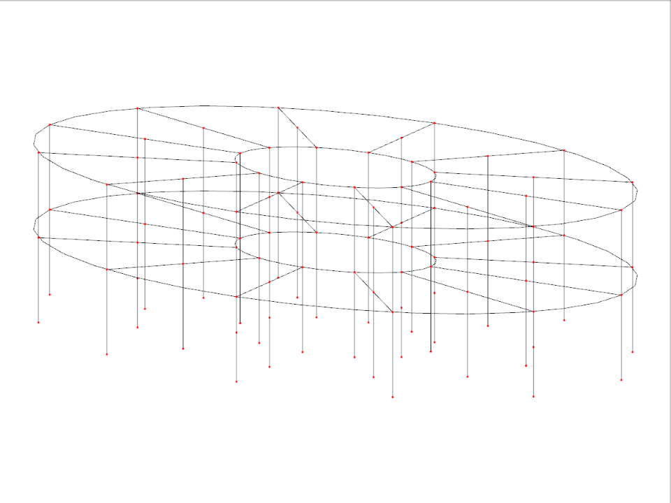 Modèle de grille 3D présentant une structure elliptique avec un nombre variable de côtés et de niveaux d'étage.