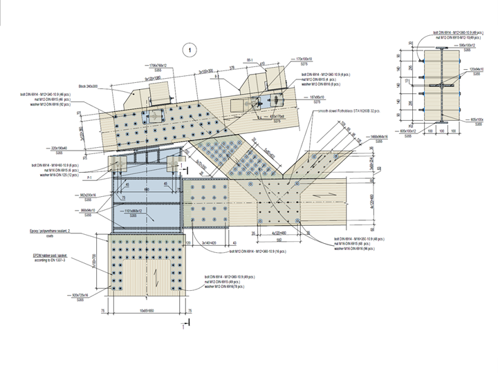 Vue détaillée de l'assemblage d’une halle en bois avec des éléments de connexion et des structures en bois bien visibles.