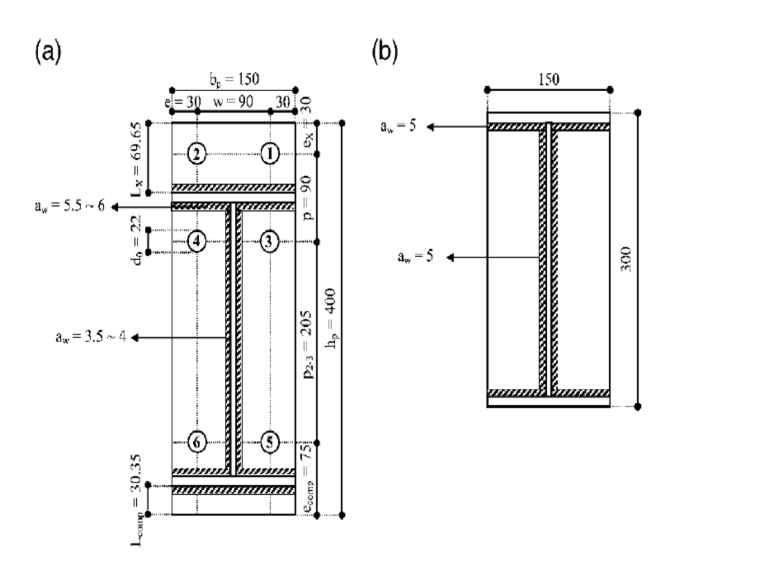 Dessin technique d'un assemblage par platine d'about étendue montrant la disposition des boulons et la configuration des raidisseurs pour l'analyse d'un assemblage en acier.