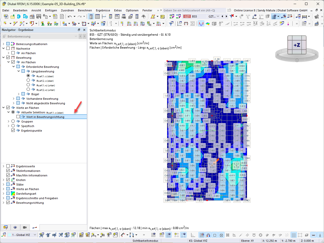 Représentation graphique de l'armature longitudinale requise pour les éléments de surface dans un logiciel de calcul avec échelle de couleurs et valeurs numériques.