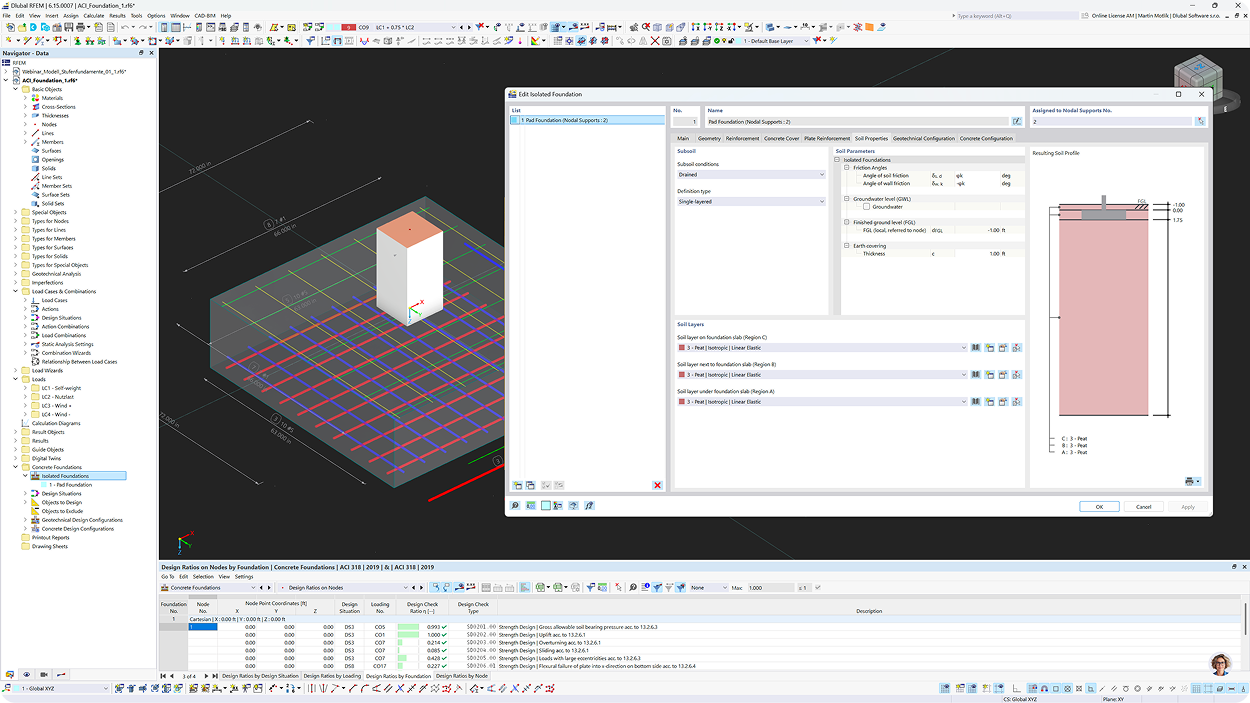 Onglet Propriétés du sol de la boîte de dialogue Modifier une fondation isolée dans RFEM 6 avec les couches de sol assignées par région et le profil de sol résultant