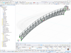Modèle RFEM 3D d’une passerelle piétonne courbe en acier en Italie avec poutres treillis et garde-corps