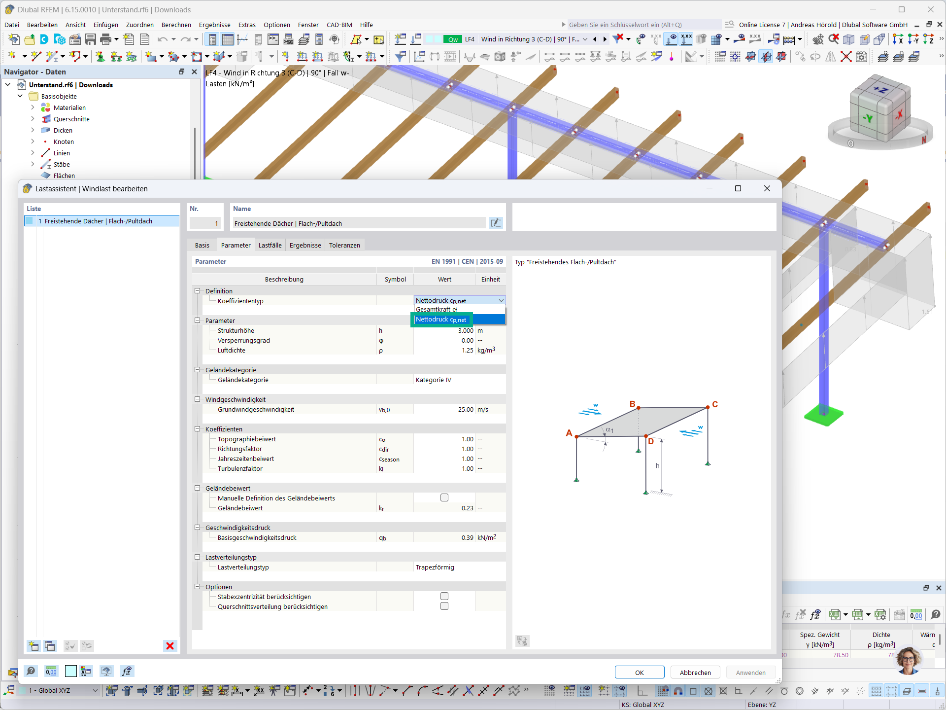 Assistant de charge dans RFEM pour la définition de charges de vent sur des toitures-terrasses et à un seul versant isolées selon l'EN 1991 avec coefficients de pression nets et paramètres tels que la hauteur de structure et la vitesse de référence du vent.