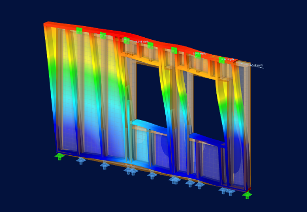 Analyse des résultats avec code couleur du dimensionnement des voiles en bois dans RFEM 6, montrant les contraintes surfaciques et de barres sur les éléments de voile avec ouvertures