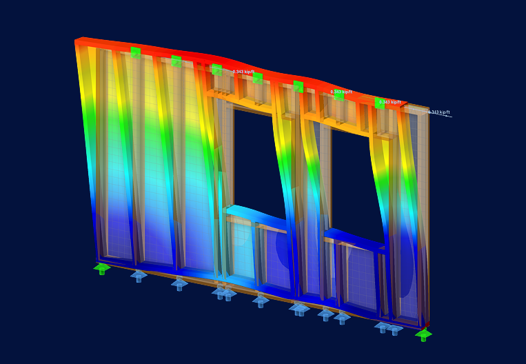 Analyse des résultats avec code couleur du dimensionnement des voiles en bois dans RFEM 6, montrant les contraintes surfaciques et de barres sur les éléments de voile avec ouvertures