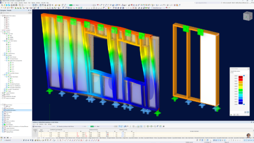 Mur à ossature bois avec ouverture de voile de cisaillement analysé dans RFEM 6, montrant des déformations globales en couleurs, des barres de panneaux, des appuis par connecteurs et un tableau de résultats pour les vérifications de conception des voiles et des sols.