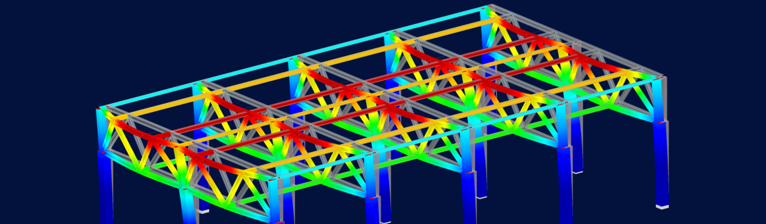 Résultats de l'analyse modale d'une structure de conteneur dans RFEM, montrant les modes de vibration codés par couleur des voiles et de la structure en acier de soutien.