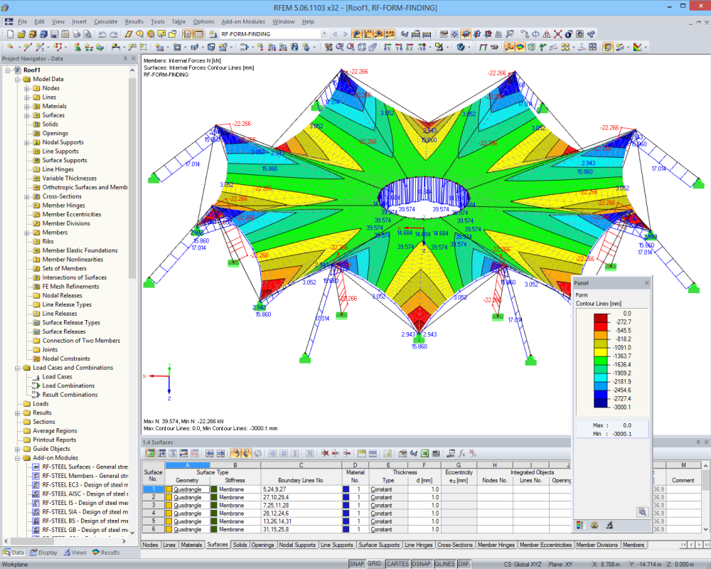 Seilzugkräfte und Konturlinien nach Formfindung in RFEM