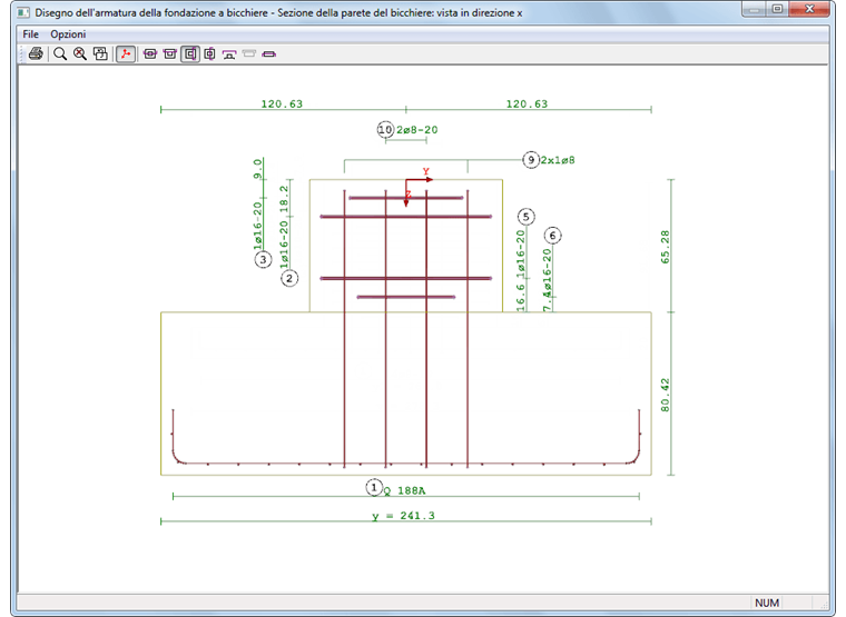 Bewehrungsplan - Schnitt Köchermitte, Blickrichtung in x
