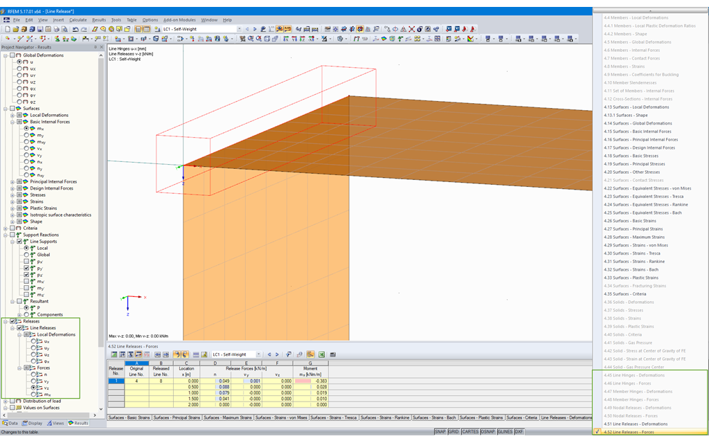 Grafische und tabellarische Ausgabe der Kräfte einer Linienfreigabe