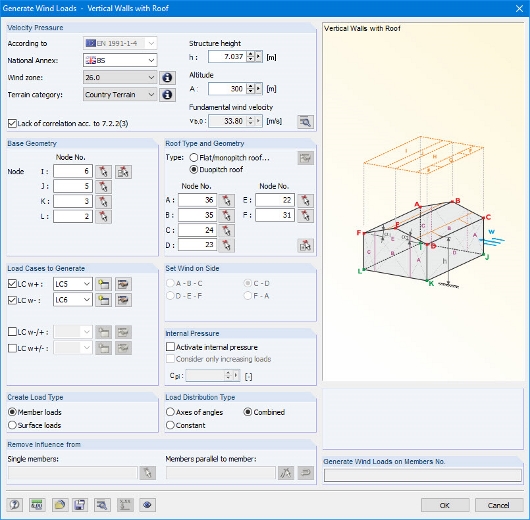 Windlast auf vertikale Wände mit Dach