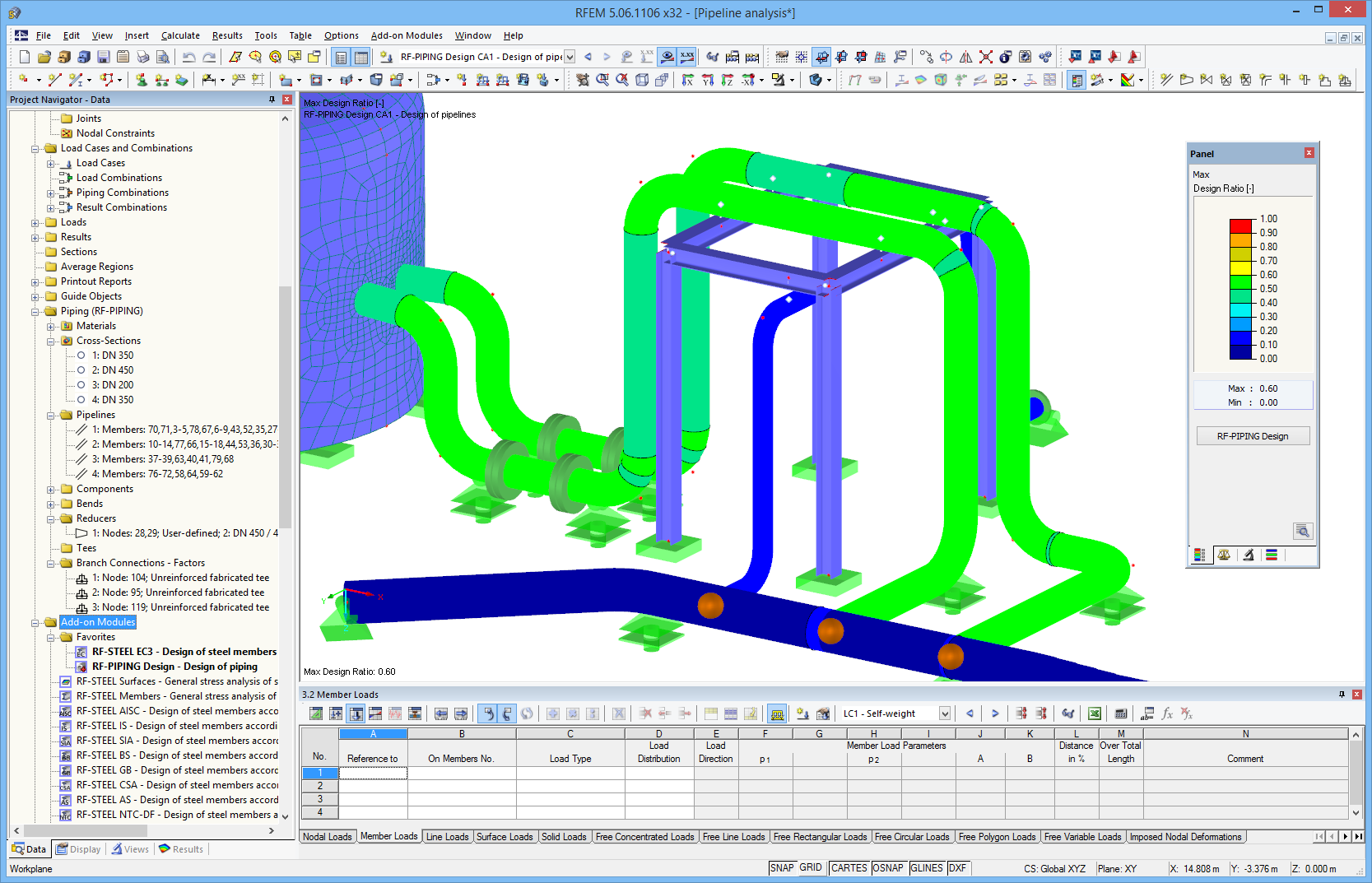 Graphical representation of pipeline analysis results in RFEM
